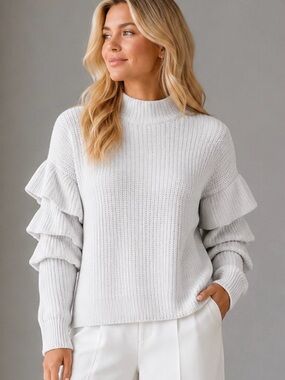 Autumn Cashmere Ivory Ruffle-Sleeve Turtleneck Sweater